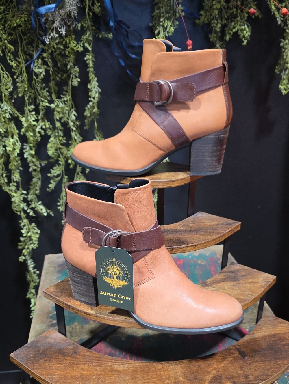 Ecco Tan Leather Ankle Boots with Brown Strap